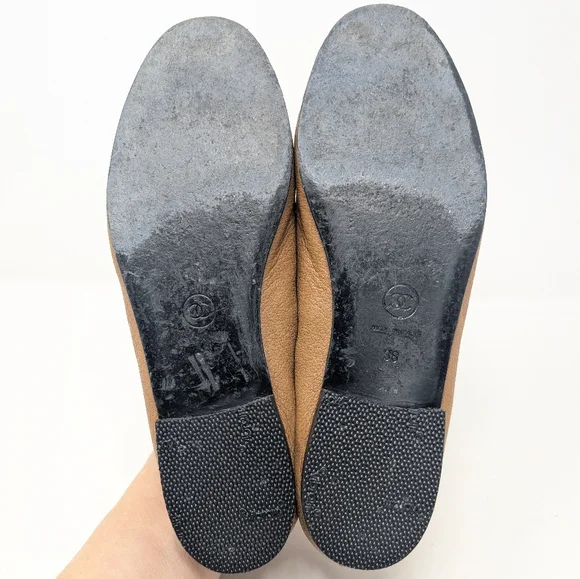 Chanel Tan Brown CC Leather Cap Toe Ballet Flats Ballerinas Size 38 - Picture 12 of 12